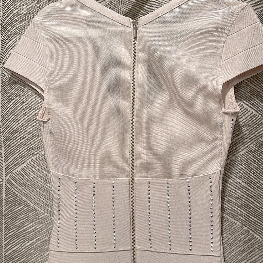 Bebe Embellished Bandage and Mesh Dress, Cream XS - Picture 5 of 7